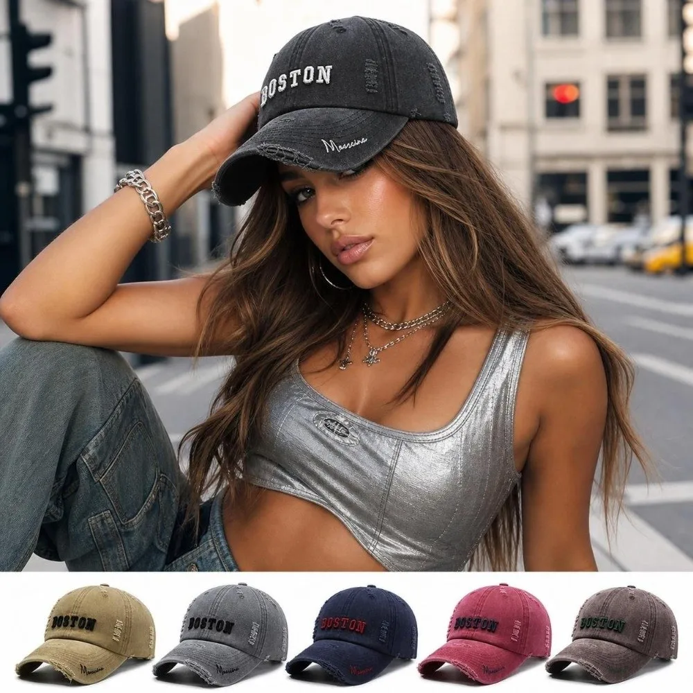 New Washed Cotton Baseball Cap Boston Letter Adjustable Trucker Cap Sun Protection Breathable Embroidered Dad Hat Men Women