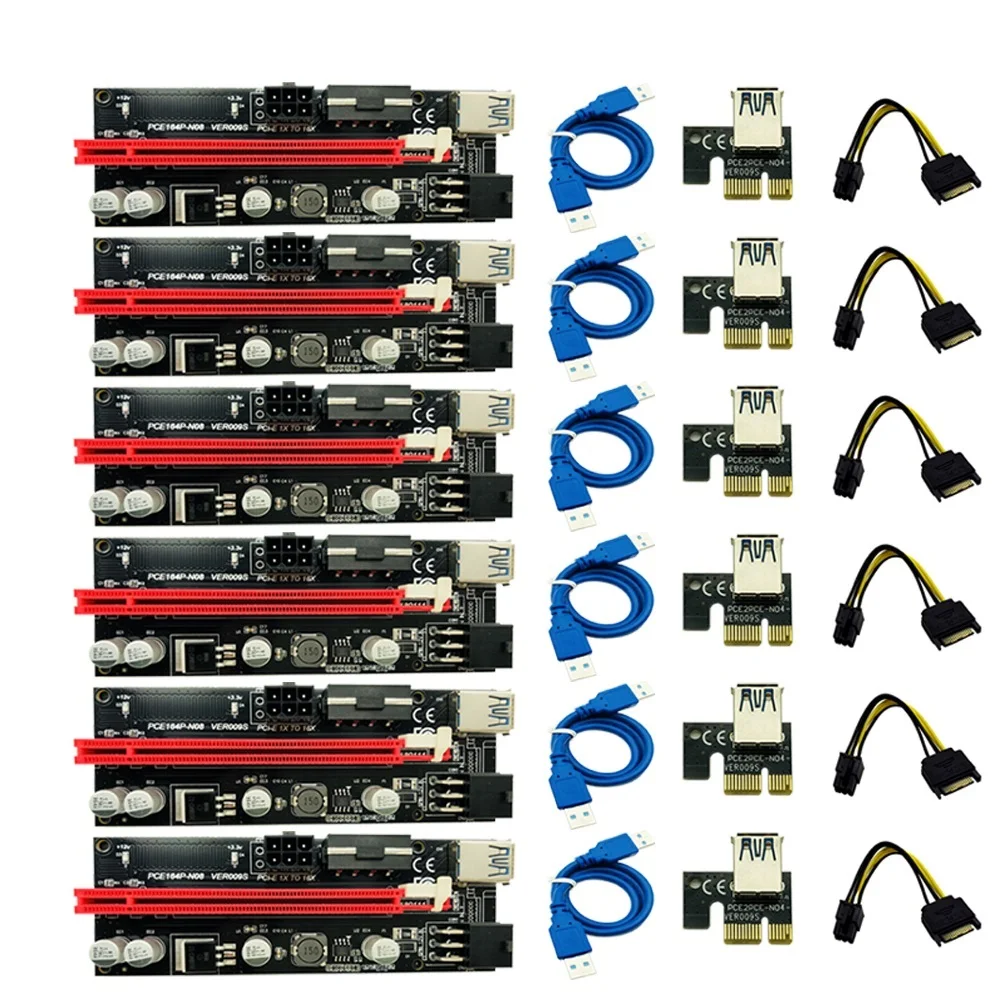 

Go 6 шт. новейший VER009 USB 3.0 PCI-E Райзер VER 009S Экспресс 1X 4x 8x 16x Райзер адаптер карта SATA 15 контактов на 6 контактов питания