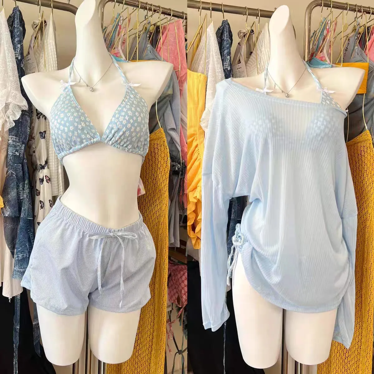 Sexy Korean Fashion Conservative Flower Print Bikinis Sets 4Pcs Swimwear Elastic Waist Shorts With Mesh Cover Smock Swimsuit