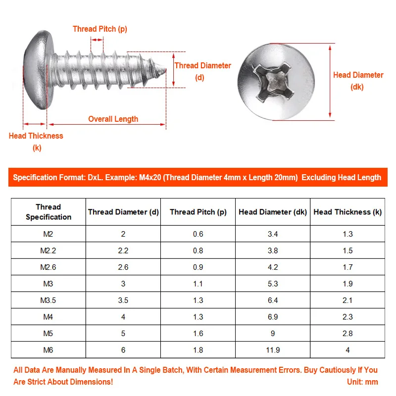 PA316 Pan Head Self Tapping Wood Screws 316 Stainless Steel Phillips Cross Full Thread Fasteners M2-M6 Sizes Length 4mm To 100mm