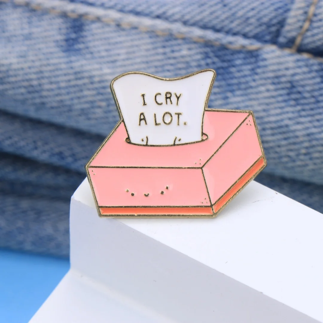 Funny Tissue Box Slogan Enamel Lapel Pin, Cute Cartoon Pink Tissue Case Metal Brooch Badge, Humorous Quote Decor for Jackets