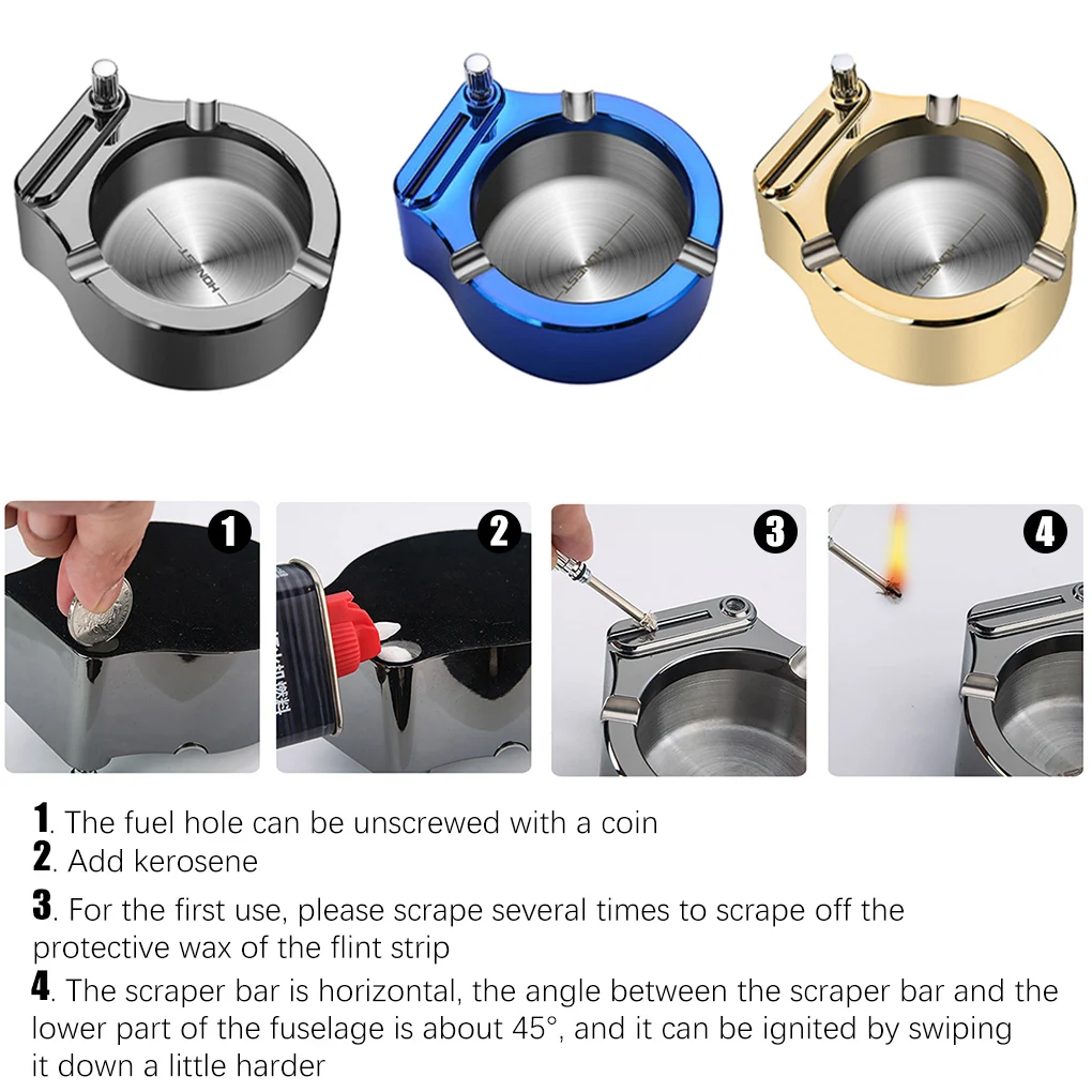 1 Pcs Portable Retro Metal Ashtray Ten Thousand Match Lighter Car Home Smokeless Storage Holder Stainless Steel Ashtray