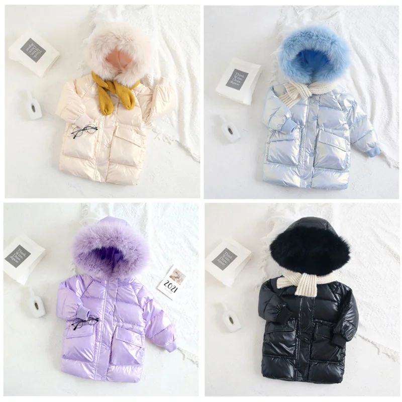 Down Old Kids 2-10 Year Jacket Warm Bright Fluff Hat Long Jacket for Girls Winter Outdoors Wind Resistance Children\'s Clothing