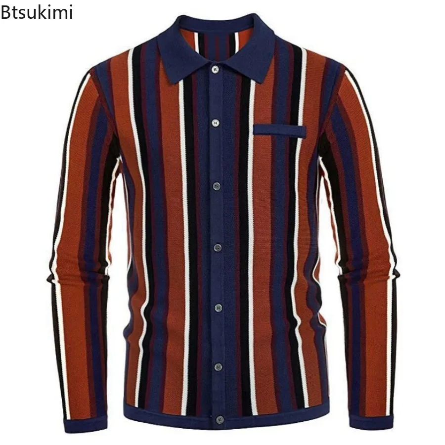 2024 New Men's Long Sleeve Polo Shirts Spring Men Thin Knitted Cardigan Fashion Striped Business Casual Knit Tops Sweaters Male