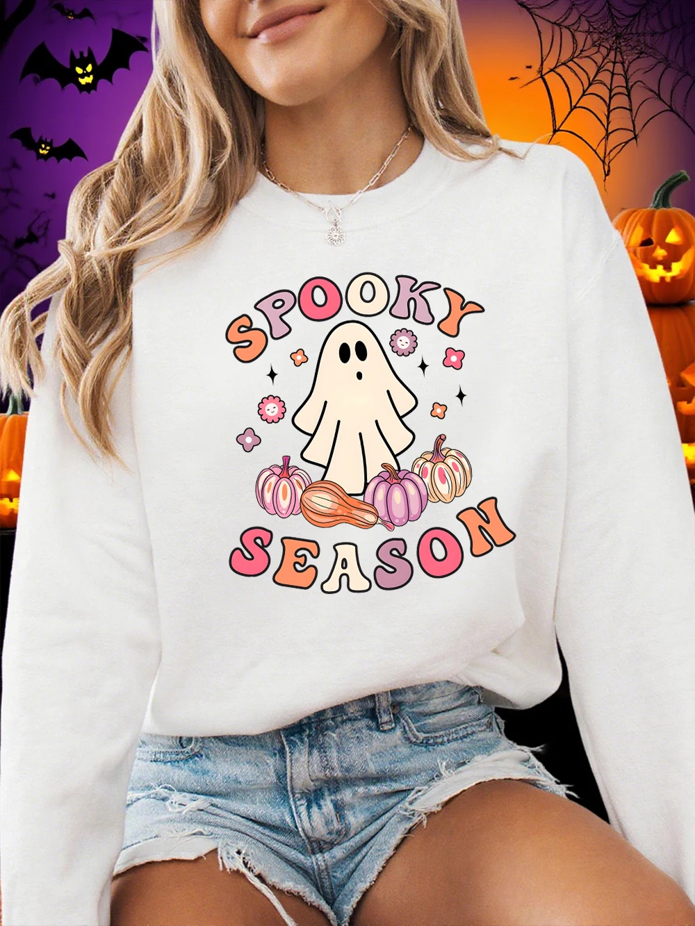 Sudadera de temporada espeluznante con estampado de fantasmas para mujer, Sudadera con capucha de lana de invierno con cuello redondo, Jersey holgado, ropa informal suave para mujer