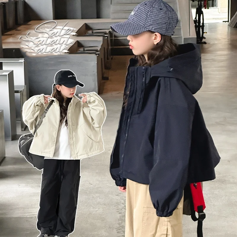 

Kid Spring Autumn Jacket Child Windbreak Age4-14Y Girl Vintage Casual Fashion Sporty Coat Little Child Korea-Style Daily Outwear