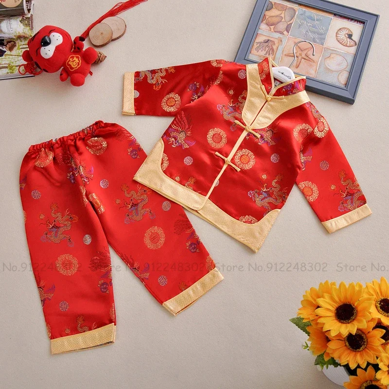 Traje Tang rojo de estilo chino para bebé recién nacido, camisas Qipao, Tops, pantalones, conjunto de trajes festivos bordados de dragón Phoenix