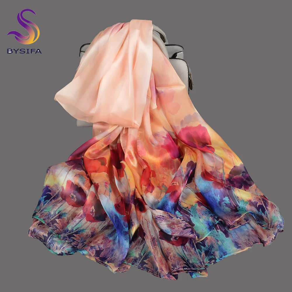 BYSIFA| Red Blue 100% Silk Large Scarf Shawl Women New Floral Design Mulberry Silk Long Neck Scarves Wraps Fall Silk Scarf Hijab