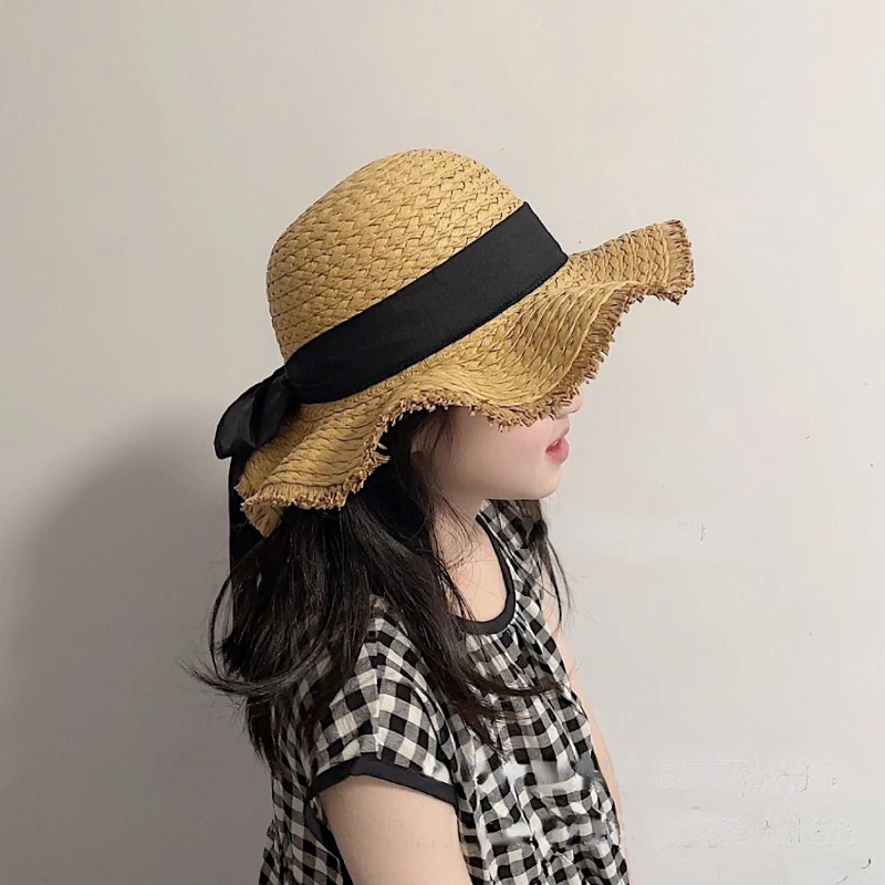 Summer Kids Big Brim Straw Hat Frayed Round Top Japanese Bow Wavy Edge Sun Hat Baby Little Fresh Seaside Resort Sun Hat