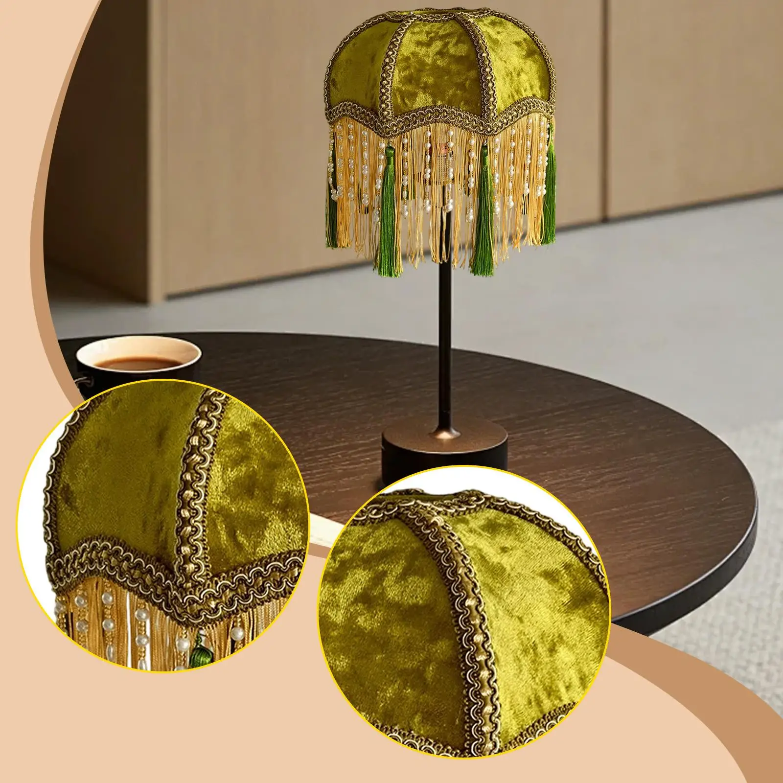 Velvet Table Lamp Shade Retro Country Olive Green Light Shade Table Floor Lamp Cover Tassel Lampshade for Restaurant Bedside