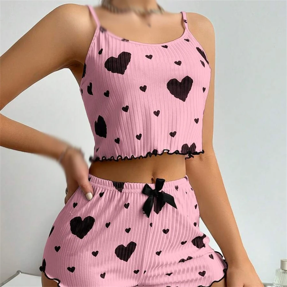 Sweet Summer Striped Heart Print Camisole Shorts Two-piece Pajamas Sleeveless Homewear Nightwear Female Sexy Sling Sleepwear Set