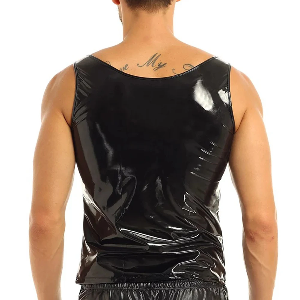 Men\'s Wet Look PVC Patent Leather Tank Vest Undershirt Tank Tops Round Neck Sleeveless T-Shirt Tops For Man