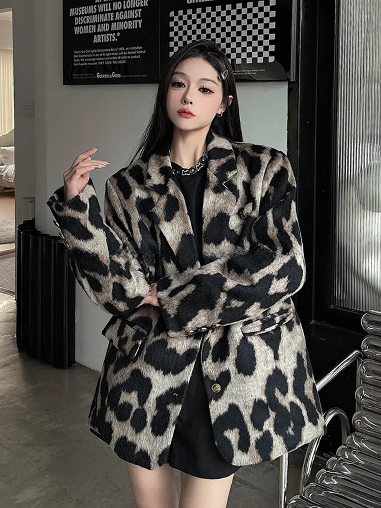 American Leopard Print Thiened Woolen Suit Jaet Women's Winter Loose Casual High-End Feeling Woolen  Top