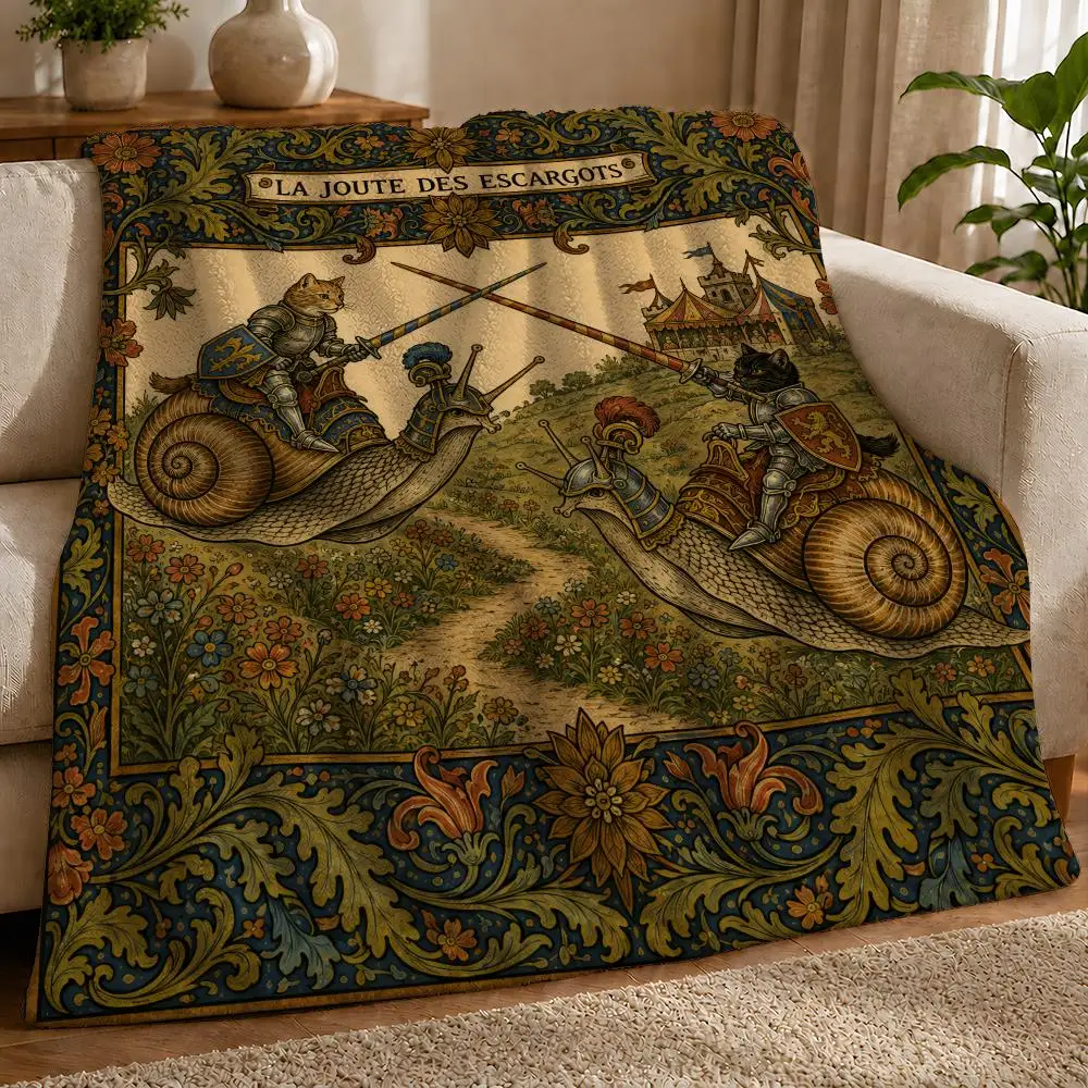 Medieval Cat Knights Snail Joust Throw 1pc Flannel Blanket Soft Lightweight Warm Cozy For Bedroom Sofa Bed