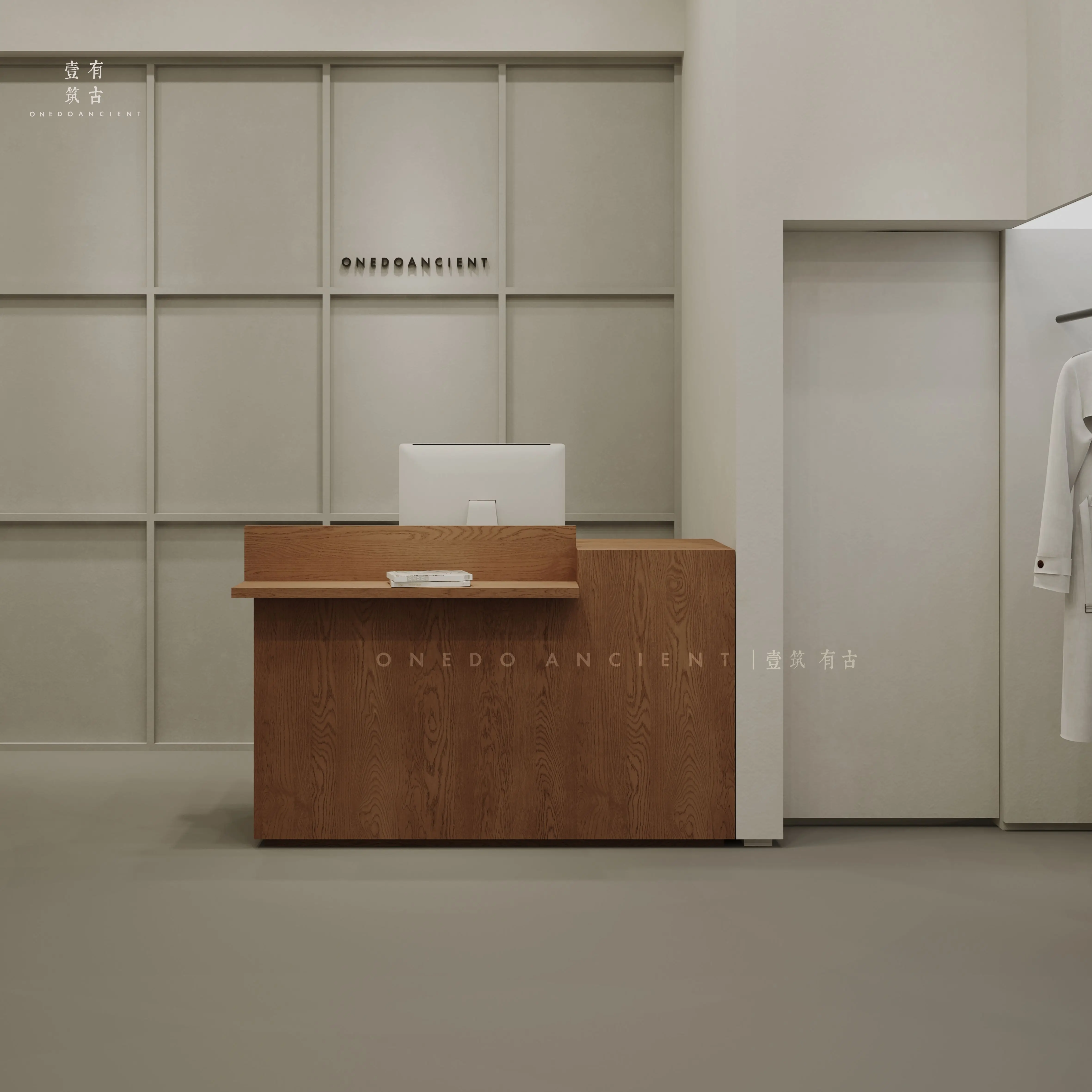 

Simple modern clothing store checkout page Painting front desk Reception desk Small bar table Women's