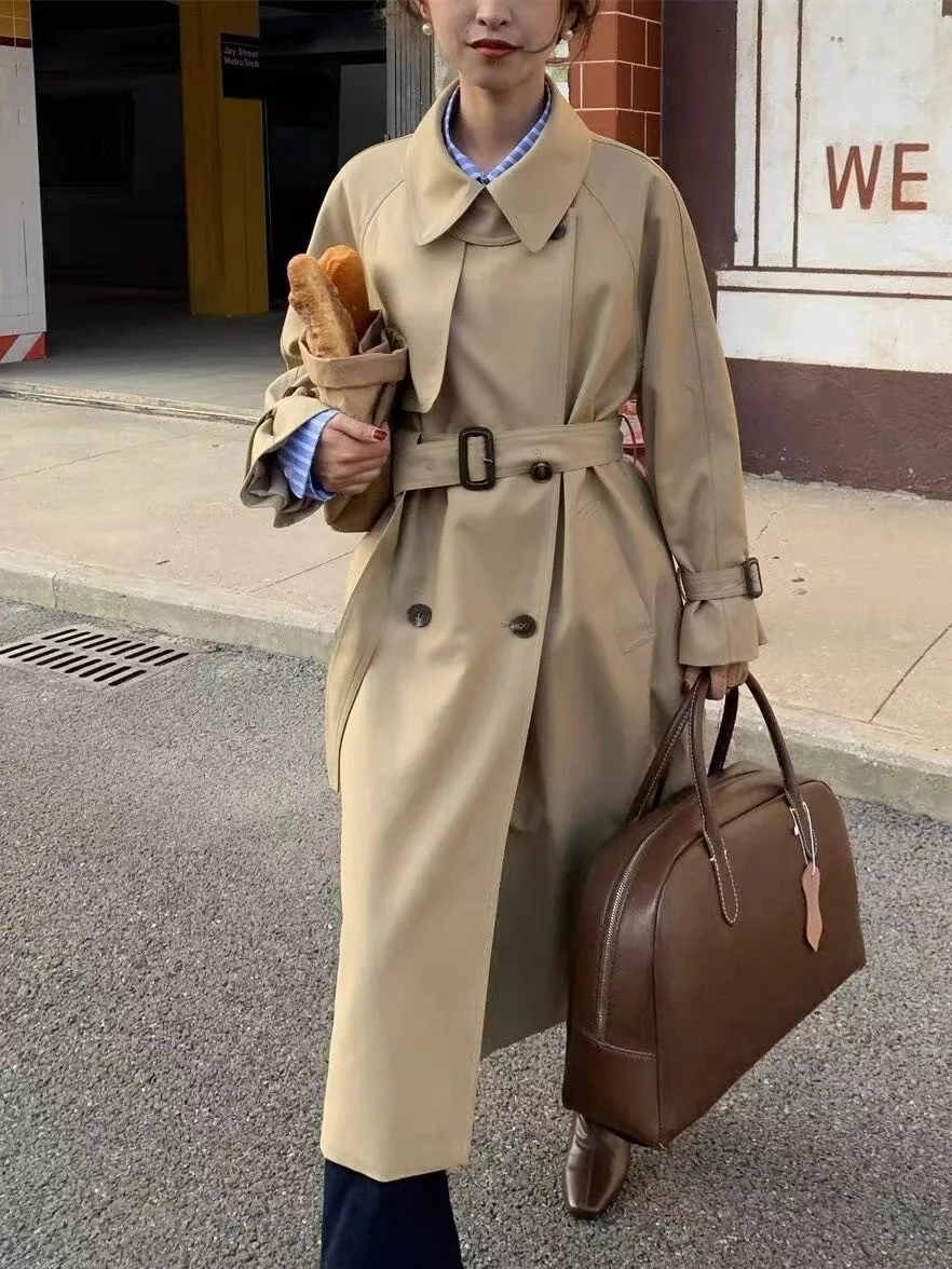 

Manhattan Hotel Sle Briti Двубортное драпированное ветровка средней длины с поясом против морщин Jaet Thi Хлопковое пальто