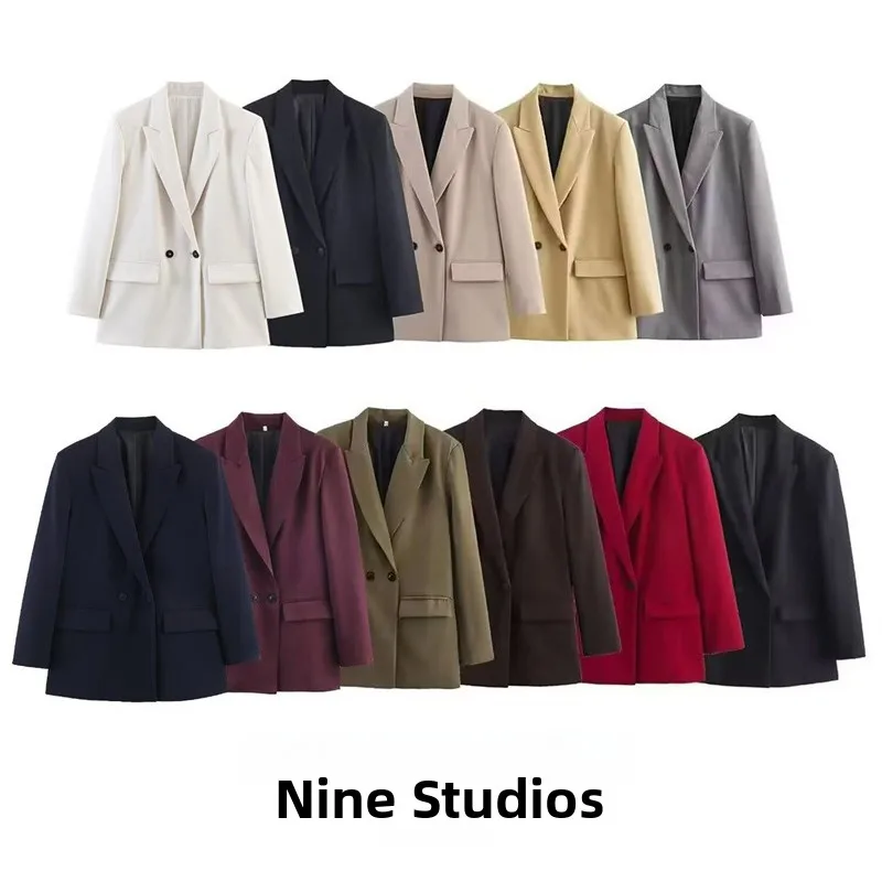 NINE ZAR Women's Casual Loose Double-breasted Pure Color Suit Jacket Versatile Outerwear Comfortable Fit Long Sleeve Coat