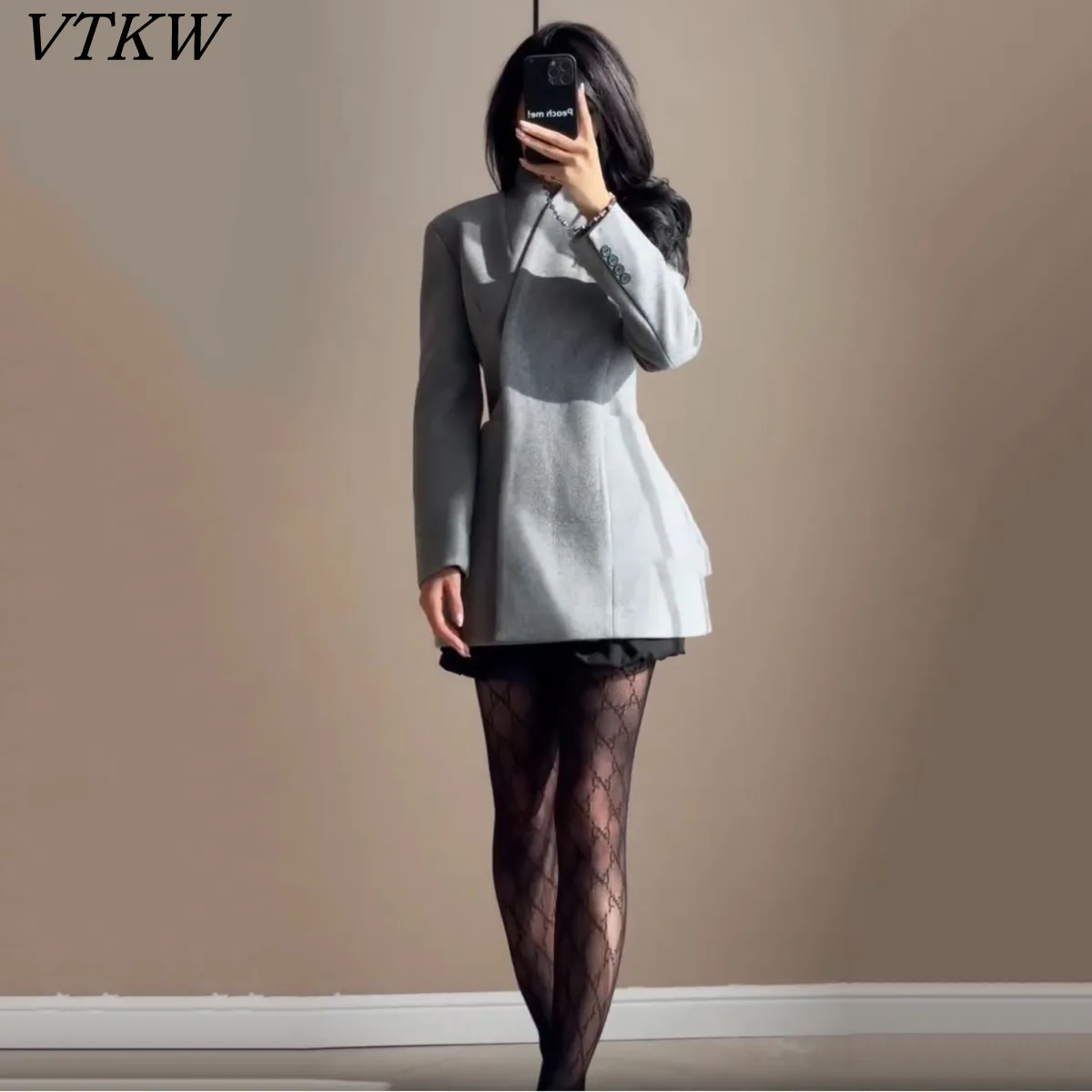 

VTKW 2026 New Women's Grey Blazer Dress Asymmetric Collar Cinched Waist Flared Hem Formal Casual Wear Elegant