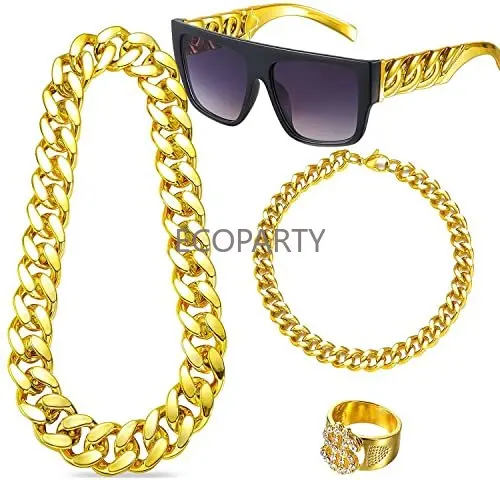 

Hip Hop Punk Cosplay Kostüm Kit 80er/90er Rapper Sonnenbrillen und Ringe Halskette Armband Gold Metallkette Disco Outfit