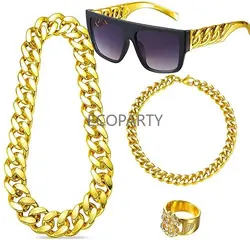 Hip Hop Punk Cosplay Kostüm Kit 80er/90er Rapper Sonnenbrillen und Ringe Halskette Armband Gold Metallkette Disco Outfit