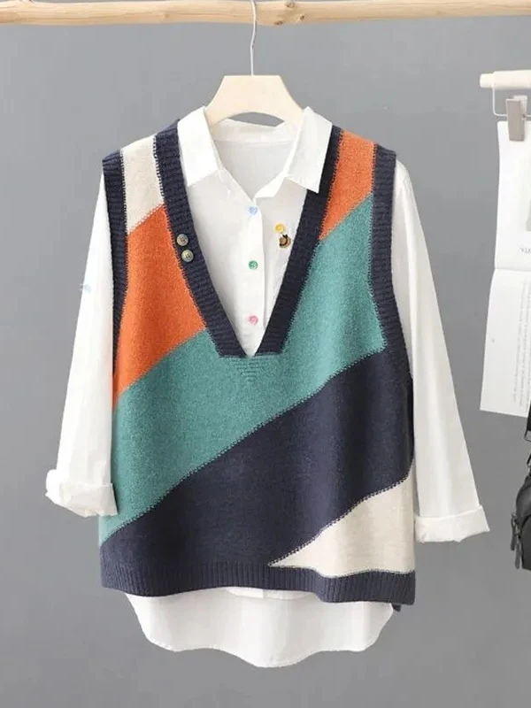 Women's Knitted Vest Top V-Neck Sleeveless Vest Spring Autumn New Style Color Block Outerwear Hoodie Shoulder Pad Shirt