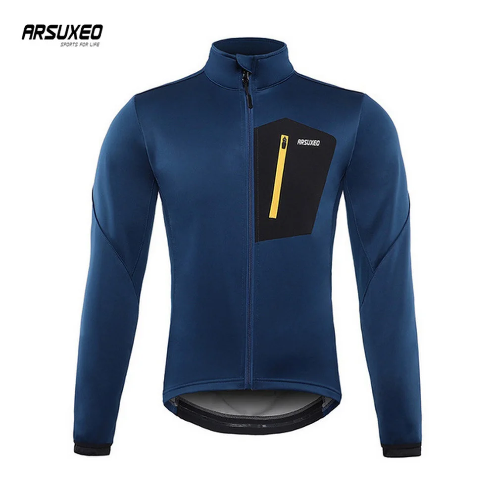 ARSUXEO Men Winter Cycg Jacket Thermal Fleece Bike Jersey Windproof MTB Clothing Bicycle Sportswear Hiking Coat Reflective