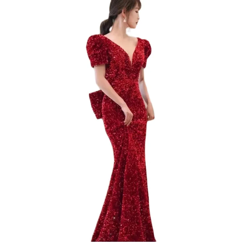 Abito da Festa formale a sirena lunga con paillettes bordeaux Qipao abito da banchetto sottile senza schienale Sexy Cheongsam con scollo a v profondo Vestidos De Festa