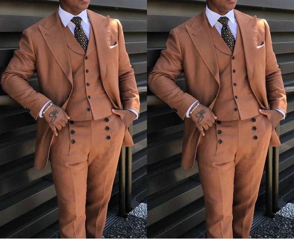

Men Suits 3 Pcs Wedding Groom Tuxedo Wide Peak Lapel Business Blazer Pant Vest