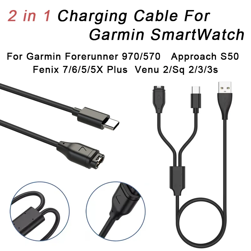 2-in-1 for Garmin Fenix 8 7 6 6X 5 Plus Pro 5s instinct E 3 2 2X 2S USB Smartwatch & Smartphone Charger Replacement Charger