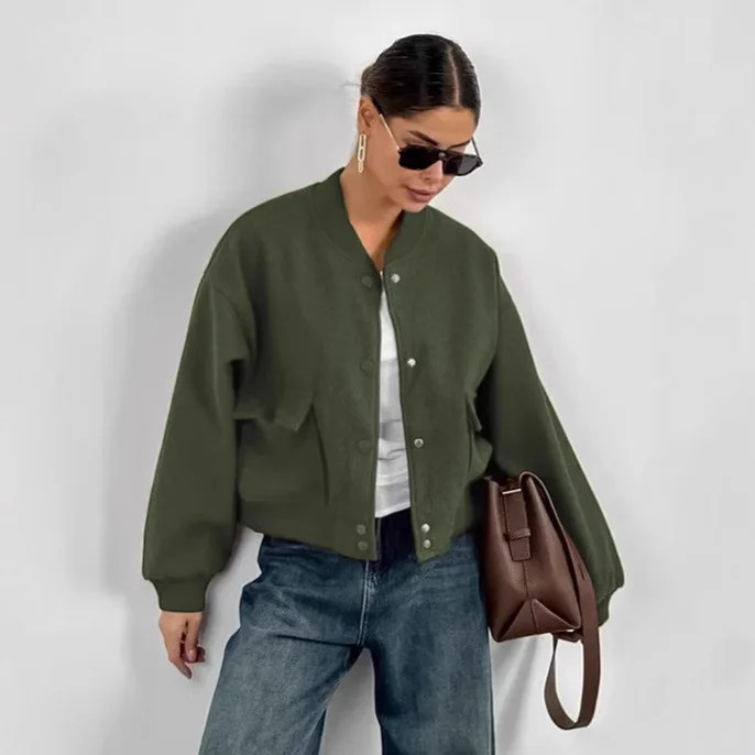 

Универсальная женская осенняя шерстяная куртка, однотонная, с воротником-стойкой и кнопками, женская верхняя одежда, шикарное пальто в Instagram-стиле для женщин