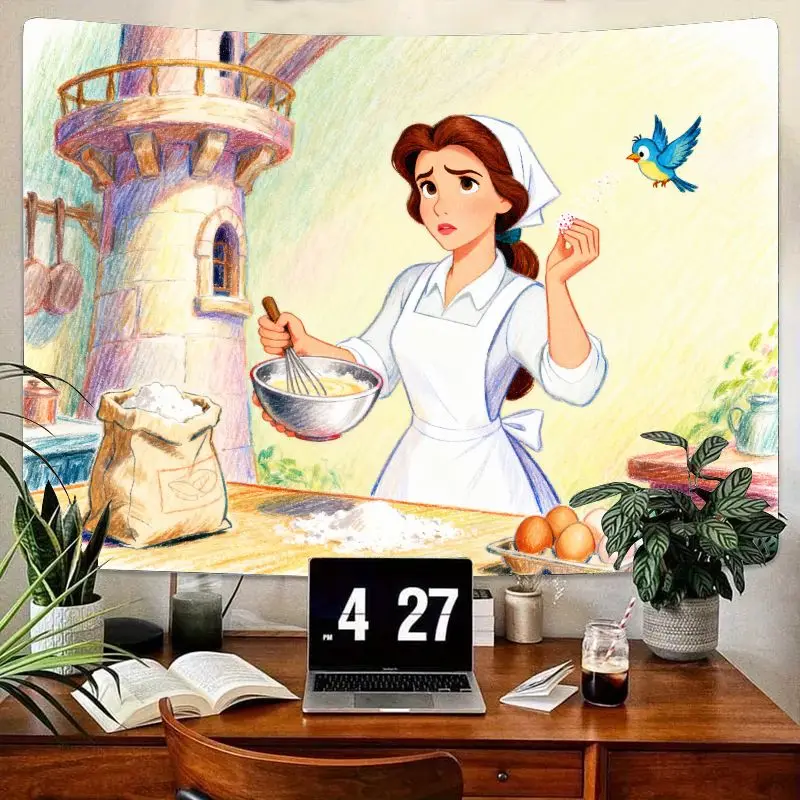 

1 шт., гобелен для выпечки принцессы Диснея Белль, кавайный мультяшный кухонный настенный гобелен, современный полиэстеровый декор для спальни, гостиной G