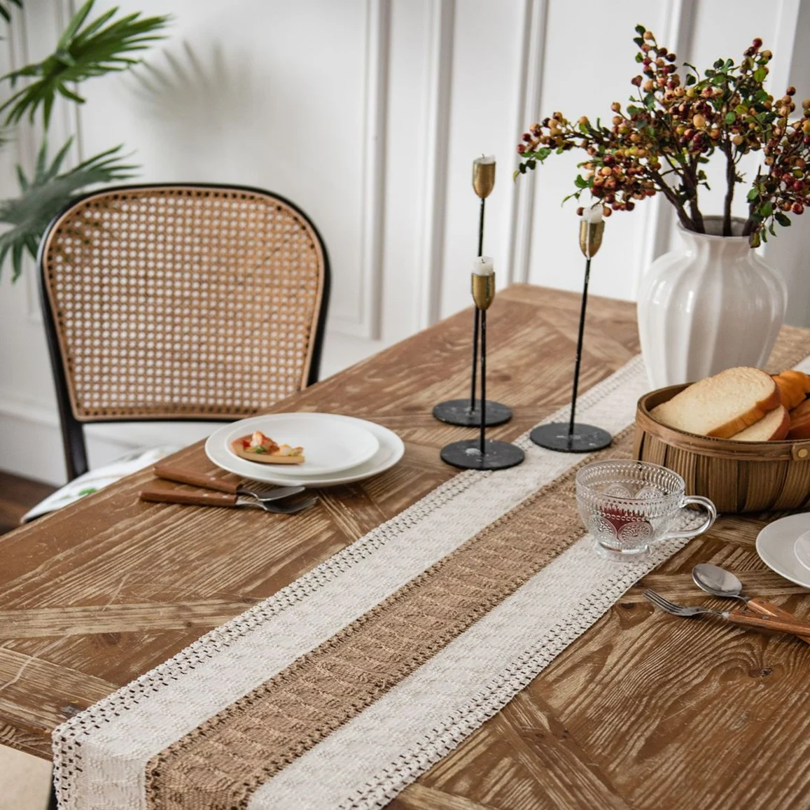 Table Runner Natural Cotton Burlap Striped Splicing Bohemian Style Tables Runner With Tassels Dining Wedding Home Decor