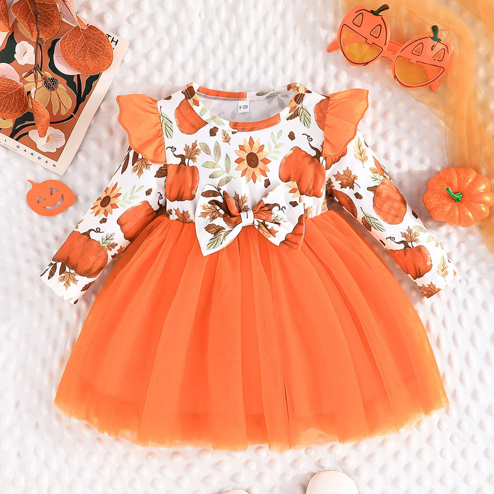 

2024 Fashion Dress Kids Girls Long Sleeve Halloween Pumpkin Prints Tulle Princess Dress Sweet Girls Clothes Dress Size 1-4years