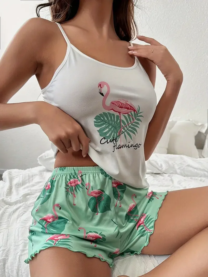 Summer Sleepwear for Women's Tropical Flamingo Print Frill Trim Casual Pajama Set Backless Cami Top & Shorts Loungewear