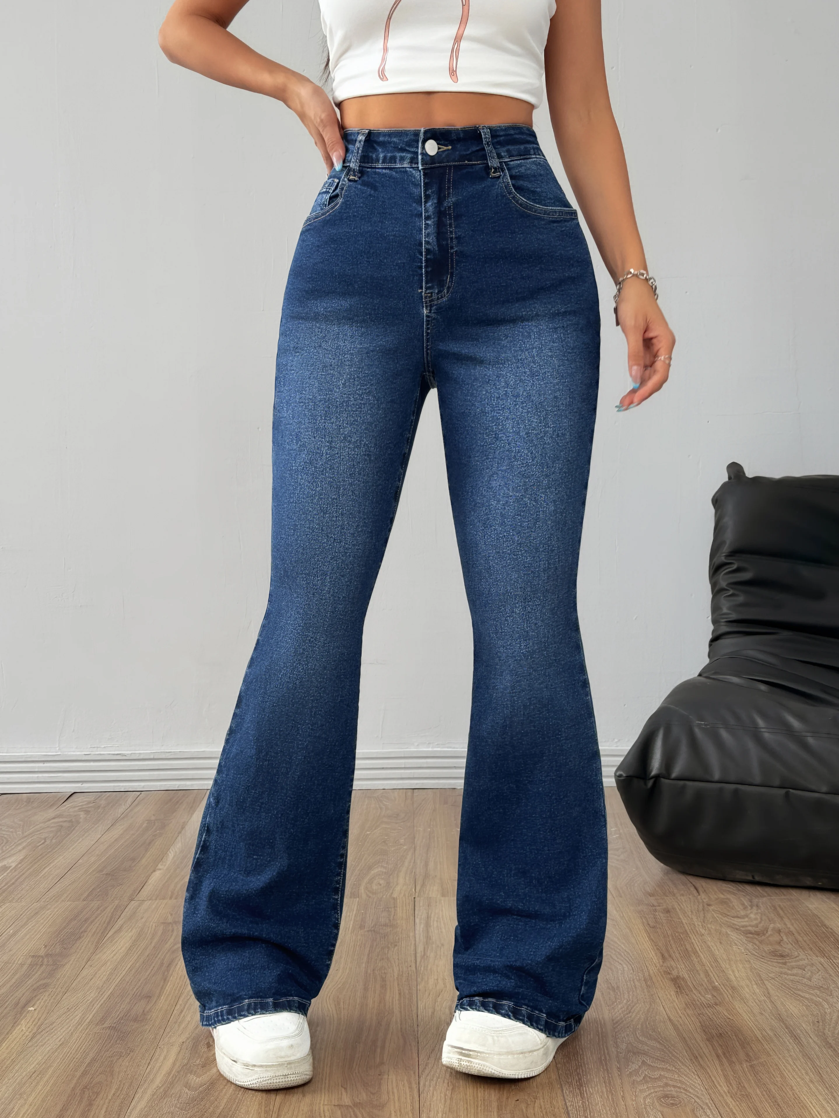 Women's High Waisted Flare Cinch Jeans - Dark Blue Denim with Pink Bow Back Pockets, Leg-Lengthening Slim Fit, Y2K Vintage Trend