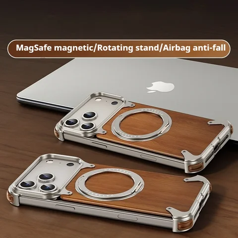 Eary Magnetic Wooden Case for iPhone 18 17 Pro Max Air for MagSafe Wireless Chargers 360°Rotate Stand Aluminum Solid Wood Shells