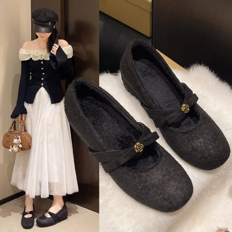 

Fashion Square Toe Fce Flet Ballet Flats Woman Winter Warm Wool Mary Jane Shoes Ladies Brand Design Elegant Plush New