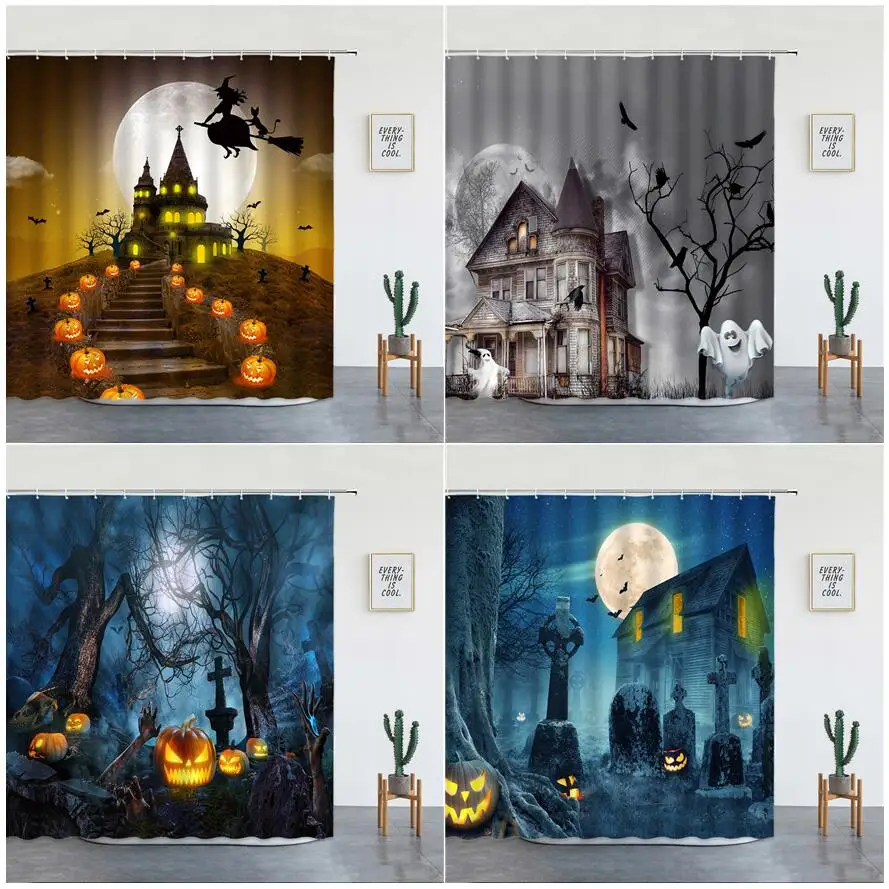 Halloween Shower Curtains Pumpkin Lantern Witch Castle White Ghost Tombstone Horror Night Landscape Bath Curtain Bathroom Decor