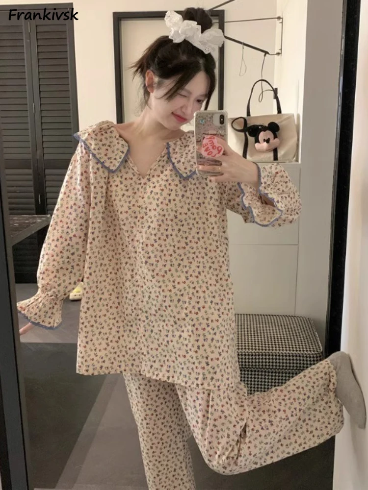 Printing Pajama Sets Women Sweet Retro Homwear Korean Style Tender Prairie Chic Nighty Youthful Long Sleeve Hipster Lades Suit