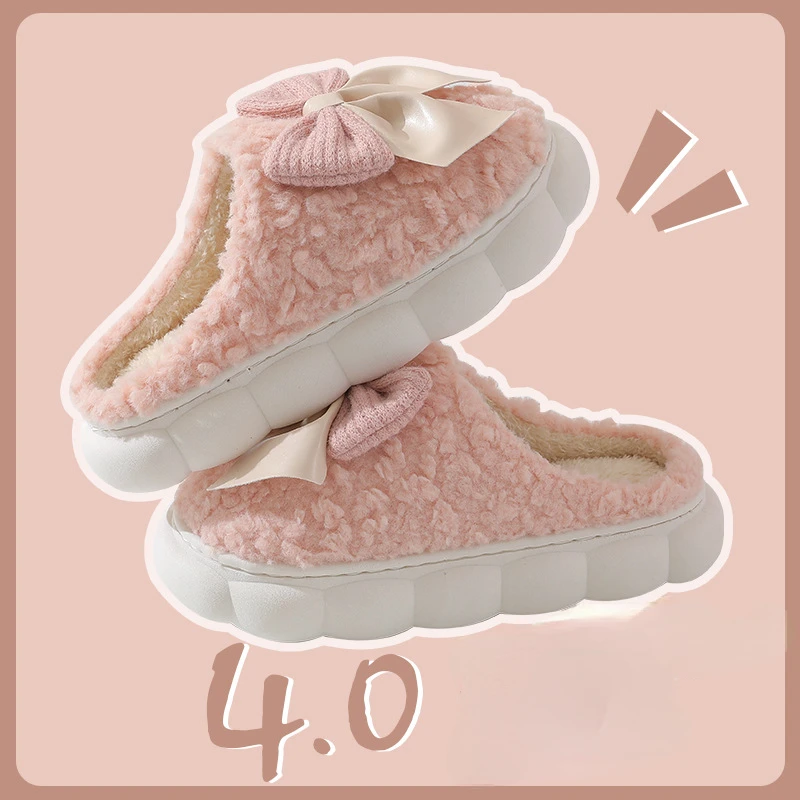 Slippers Cotton Shoes Thick Soles Anti Slip Cotton Slippers Warmth Home Use Household Use Winter Bow Tie Women Cotton Slipper