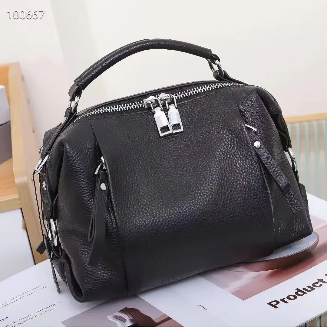 Cow Skin Leather Women's Casual Handbag High Quality Soft Leather Ladies' Crossbody Ruched Shoulder Bag Fashion Versatile Tote