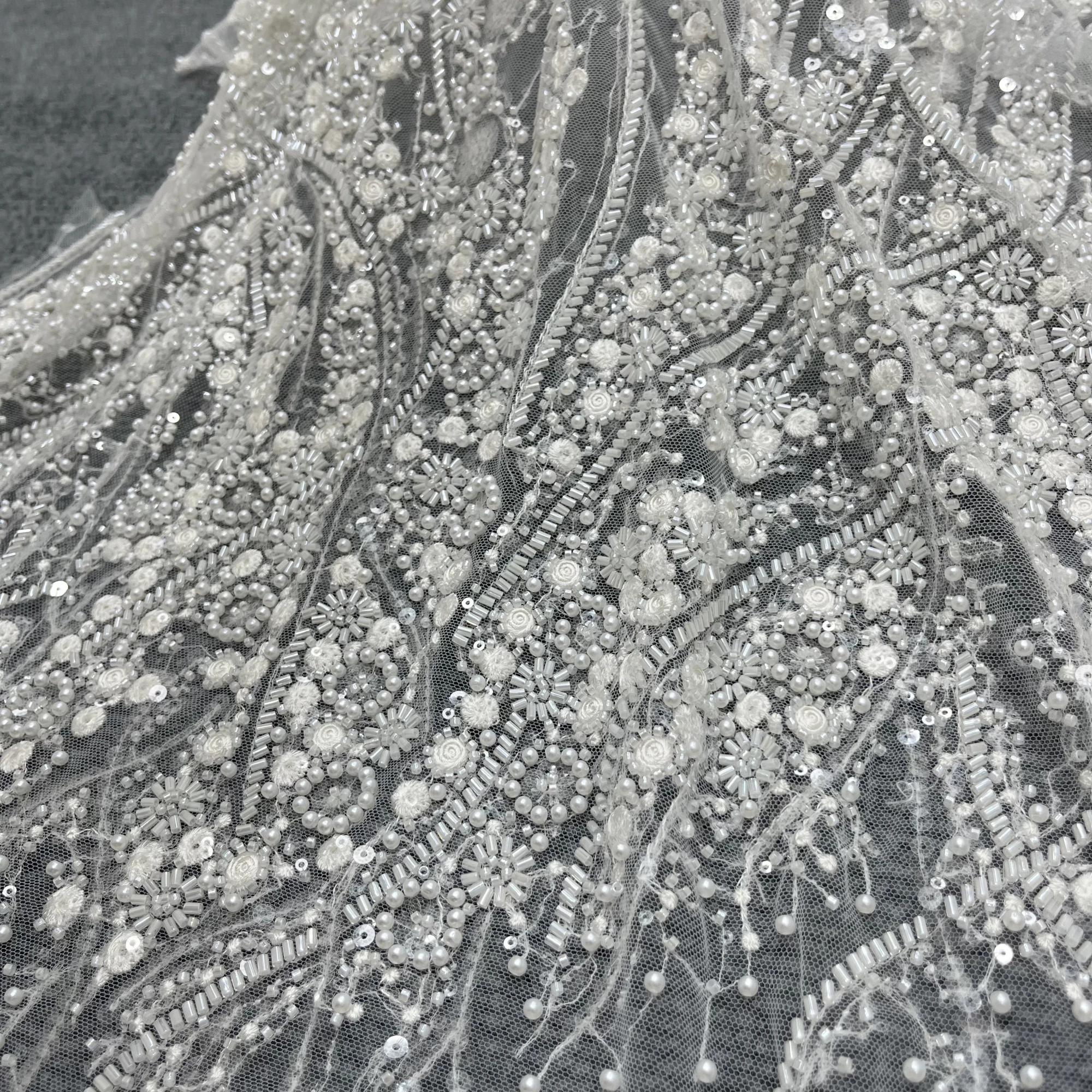 Unique Multi-Sized Sequin Bead Embroidery Private Customized Wedding Lace Fabrics