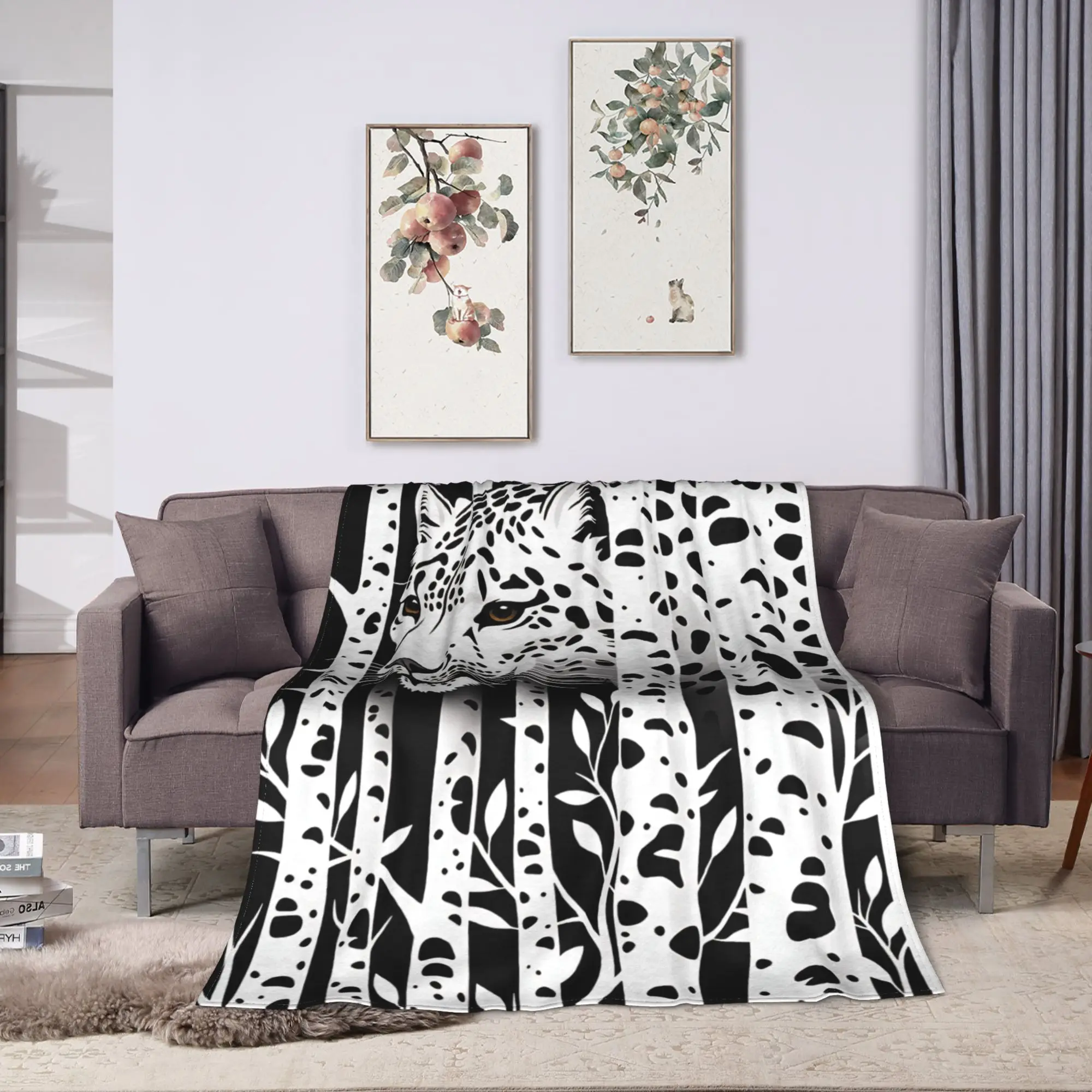 Leopard In Birch Forest Black White Graphic Art Blankets Super Soft  Throw Blanket Spring Adults Sofa Home Travel Bedspread