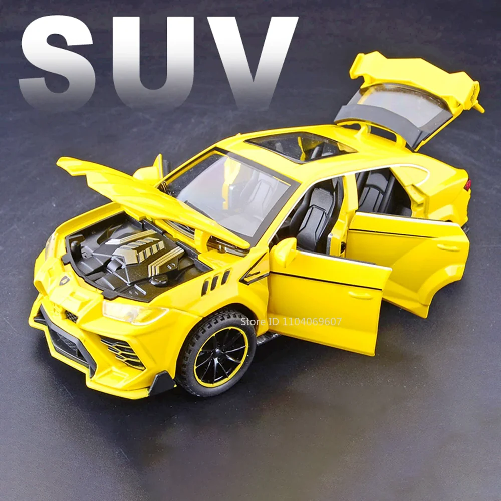 URUS-Modèle réduit de voiture en métal moulé sous pression pour enfant, échelle 1:32, porte ouverte, nervure arrière, véhicule de simulation, décoration, musique, lumière, cadeau