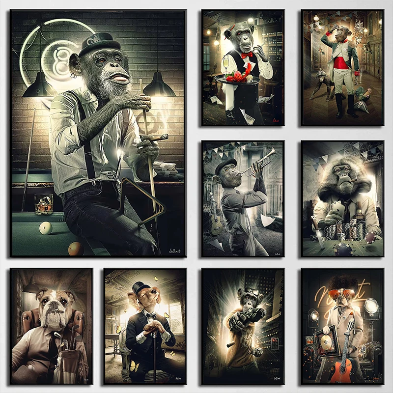 Funny Monkey and Gorilla Smoking Diamond Painting Animals Play Billiards Posters Prints Wall Art for Bar Living Room Home Deco