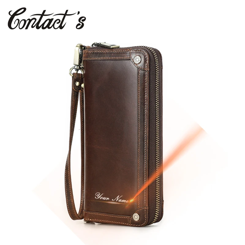 Contact's Genuine Leather Men Long Wallet Designer Luxury Zipper Clutch Wallets Coin Phone Pocket High Quality Male Purse