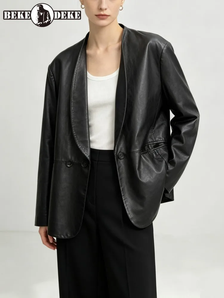 Fashion Women Loose Fit Soft Real Sheepskin Blazer Suit Coat V Neck Office Ladies Casual Work Genuine Leather Jacket Outwear Top
