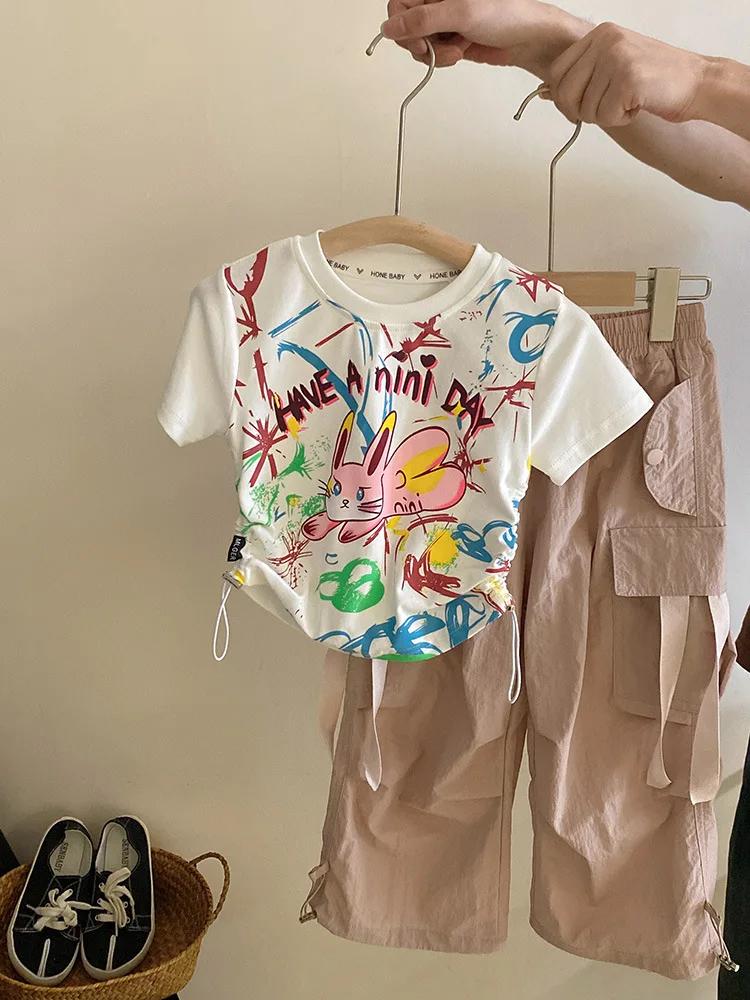 

Children's Trendy Cool Suit2024Summer New Cartoon Rabbit Short SleeveTT-shirt Internet Celebrity Fashion All-Matching Overalls F