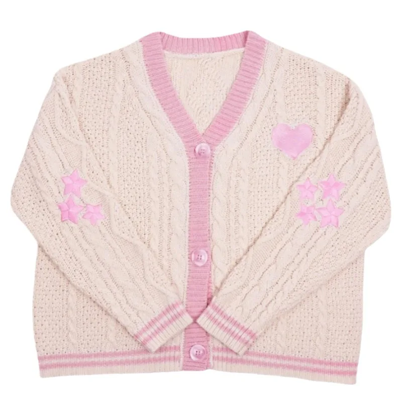 Trendy Women's Clothing Knitted Cardigan Embroidery Sweater Coat Lazy Streetwear Comfortable Single Row Buttons Patchwork Tops