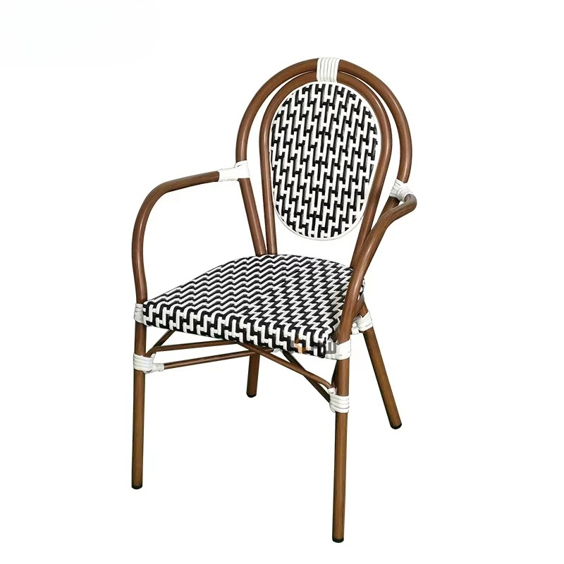 Modern Lightweight Bamboo Looking Aluminum Rattan Bistro Chair with Armrest for Patio Park Villa Cafe Restaurant Garden Dining